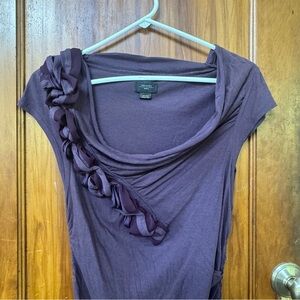 VTG Anthropologie Deletta Plum Draped Ruched Knit Blouse with Floral Decor M